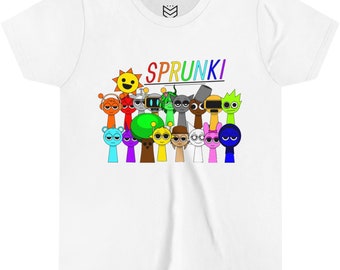 Peut inclure: T-shirt blanc avec un motif coloré de personnages de dessins animés et le mot "SPRUNKI" en lettres arc-en-ciel.