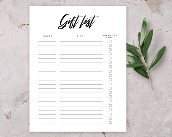 Modern Gift List Printable | Thank You Tracker (Digital Download)