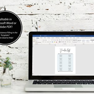 Op de afbeelding: Een laptopcomputer die een document met de titel "Leverancierslijst" in een Microsoft Word-venster weergeeft. Het document is een sjabloon voor het opsommen van leveranciers met kolommen voor naam, contactgegevens en notities. De tekst "Bewerkbaar in Microsoft Word of Adobe PDF! Hulp nodig bij het invullen van de sjabloon? We helpen je graag!" is zichtbaar op het scherm.