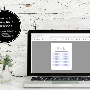Op de afbeelding: Een laptopcomputer waarop een afdrukbare leverancierslijsttemplate wordt weergegeven in een PDF-viewer. De sjabloon heeft de titel "Leverancierslijst" en heeft een lichtgrijze achtergrond met blauwe accenten. De tekst "Editable in Microsoft Word or Adobe PDF! Need Assistance Filling in the Template? We're Glad to Help!" wordt weergegeven in een zwarte cirkel op een witte bakstenen muur achtergrond.