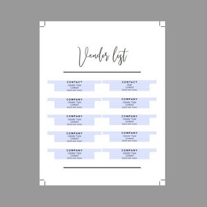 Op de afbeelding: Een afdrukbare leverancierslijst-sjabloon met de titel "Vendor List" in zwarte cursieve letters. De sjabloon heeft 10 vakken met de koppen "Contact" en "Company" in zwarte tekst. Elk vak heeft een lichtblauwe achtergrond met een subtiel gestreept patroon.