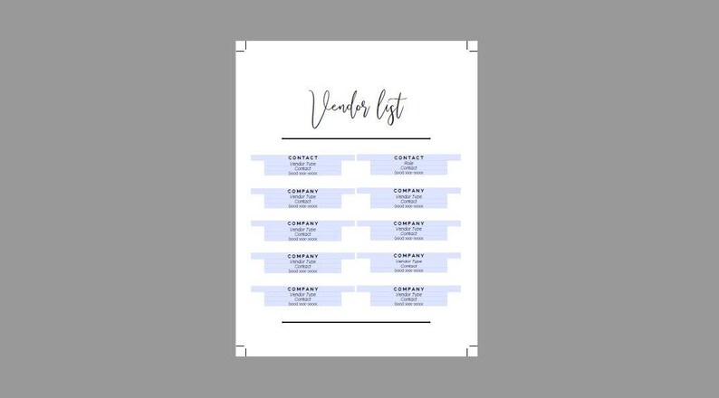 Op de afbeelding: Een afdrukbare leverancierslijst-sjabloon met de titel "Vendor List" in zwarte cursieve letters. De sjabloon heeft 10 vakken met de koppen "Contact" en "Company" in zwarte tekst. Elk vak heeft een lichtblauwe achtergrond met een subtiel gestreept patroon.