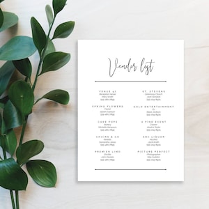 Op de afbeelding: Een zwart-witte leverancierslijst met de titel "Vendor List" bovenaan. De lijst bevat categorie&euml;n zoals Venue, Flowers, Cake Pops, Chairs & Co, Premier Limo, St. Stevens, Gold Entertainment, A Fine Event, ABC Liquor en Picture Perfect. Elke categorie vermeldt een leveranciersnaam, contactgegevens en een korte beschrijving.