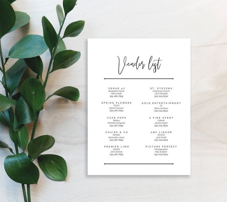 Wedding Vendor List Printable Template Etsy