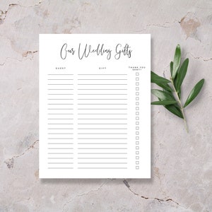 May include: A printable wedding gift tracker with columns for guest name, gift, and a checkbox to mark if a thank you note has been sent.