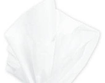 May include: A stack of white tissue paper, folded and arranged to create a layered effect. The paper is smooth and appears to be new, with a clean, crisp appearance. The tissue paper is against a white background.