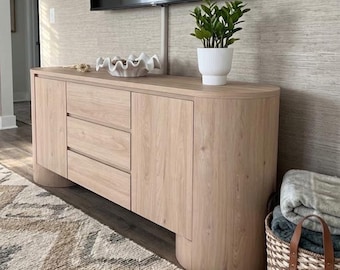 71" Oval Wood Grain Sideboard Cabinet with Doors & Drawers, Modern Buffet Console TV Stand Storage Cabinet