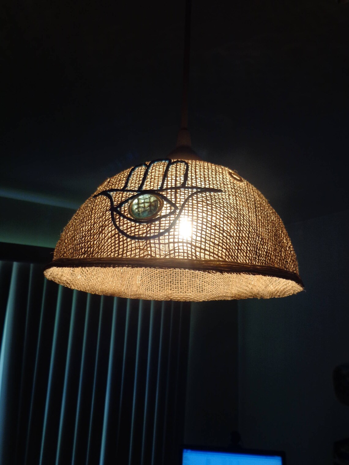 Light Pendant Hamsa Handmade Pendant Jute Burlap Lamp Shade Rustic Lighting Pendant Lamp Burlap Ceiling Light