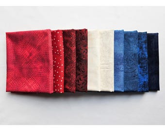 Half Yard Fabric. Set of Ten Half Yards, Americana Colors, 100% Cotton Quilting Fabric.