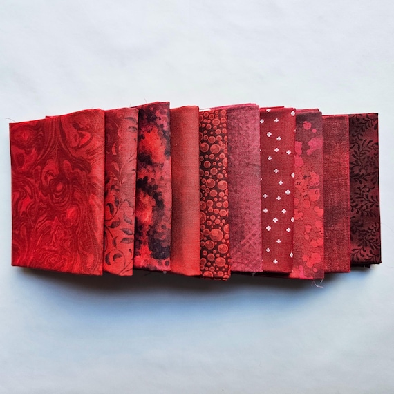 Fat Quarter Fabric. Set of Ten Red Fat Quarters, 100% Cotton Quilting Fabric. Fat Quarter Bundle, High Quality Fabric.