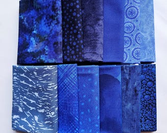 Fat Quarter Fabric. Set of Twelve Blue Fat Quarters, 100% Cotton Quilting Fabric, High Quality Fabric, Blender Fabric.
