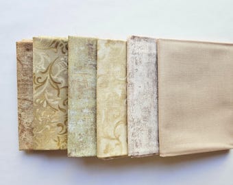 Fat Quarters. Set of Six Cream, Cotton Quilting Fabric. Fat Quarter Bundle.