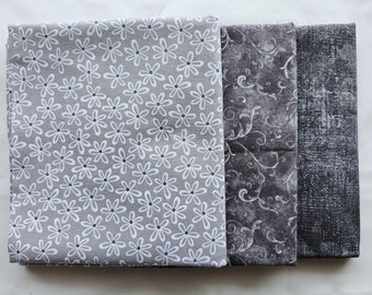 Half Yard Fabric Bundle. Set of three Gray Fabrics, one half yard each. High Quality Cotton Quilt Fabric, Gray Quilting Material.