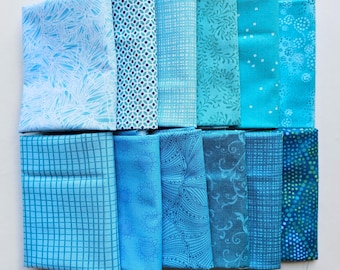 Fat Quarter Fabric. Set of Twelve Turquoise Fat Quarters, 100% Cotton Quilting Fabric, High Quality Fabric, Blender Fabric.