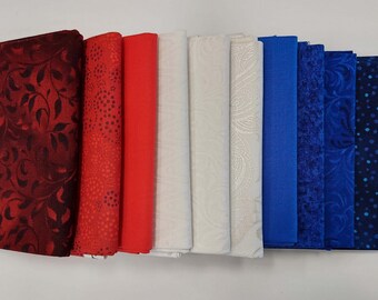 Fat Quarter Fabric. Set of Ten Red White & Blue Fat Quarters, 100% Cotton Quilting Fabric. Fat Quarter Bundle, High Quality Fabric Blender.