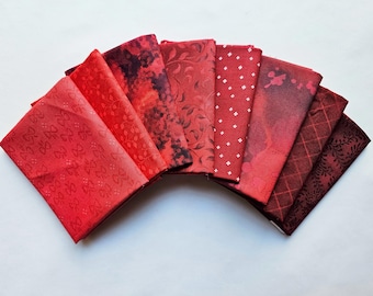 Fat Quarters. Set of Eight Red, 100% Cotton Quilting Fabric. Fat Quarter Bundle, Blender Fabric, Quilt Fabric.