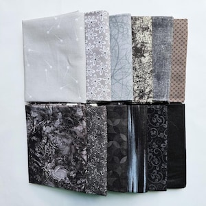 Fat Quarter Fabric. Set of Twelve Black and Gray Fat Quarters, 100% Cotton Quilting Fabric, High Quality Fabric, Blender Fabric.