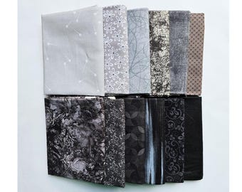 Fat Quarter Fabric. Set of Twelve Black and Gray Fat Quarters, 100% Cotton Quilting Fabric, High Quality Fabric, Blender Fabric.