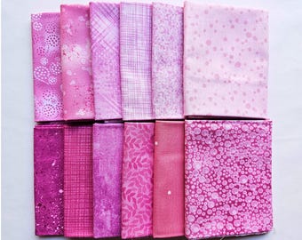 Fat Quarter Fabric. Set of Twelve Pink Fat Quarters, Cotton Quilting Fabric, High Quality Fabric.