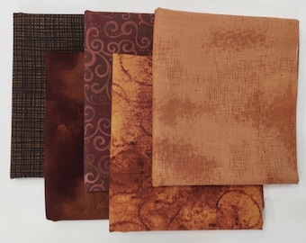 Half Yard Fabric Bundle. Set of Five Brown Fabrics, one half yard each, High Quality Cotton Quilt Fabric, Fabric Bundle, Quilt Material