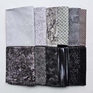Fat Quarter Fabric. Set of Twelve Black and Gray Fat Quarters, 100% Cotton Quilting Fabric, High Quality Fabric, Blender Fabric.