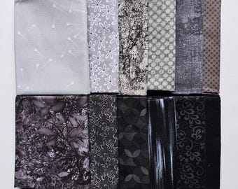 Fat Quarter Fabric. Set of Twelve Black and Gray Fat Quarters, 100% Cotton Quilting Fabric, High Quality Fabric, Blender Fabric.
