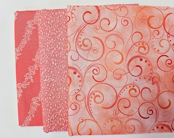 Half Yard Fabric Bundle. Three Coral Fabrics, one half yard each. High Quality Cotton Quilt Fabric, Coral Fabric Bundle, Quilting Material