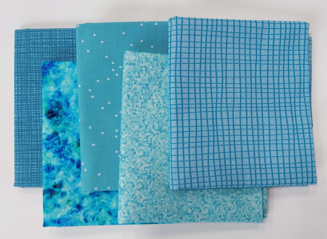Half Yard Fabric Bundle. Set of Five Teal Fabrics, One Half Yard Each