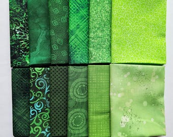 Fat Quarter Fabric. Set of Twelve Green Fat Quarters, Cotton Quilting Fabric.