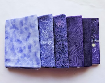 Fat Quarters, Set of six Purple, Cotton Quilting Fabric, Fat Quarter Bundle.