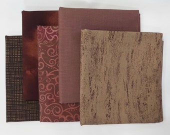 Half Yard Fabric Bundle. Set of Five Brown Fabrics, one half yard each, High Quality Cotton Quilt Fabric, Fabric Bundle, Quilt Material