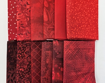 Fat Quarter Fabric. Set of Twelve Red Fat Quarters, Cotton Quilting Fabric.