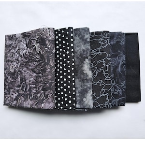 Fat Quarters. Set of six Black, 100% Cotton Quilting Fabric, Fat Quarter Bundle, High Quality Fabric, Blender Fabric.