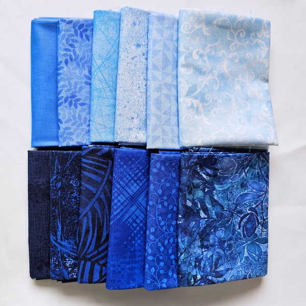 Fat Quarter Fabric. Set of Twelve Blue Fat Quarters, 100% Cotton Quilting Fabric, High Quality Fabric, Blender Fabric.