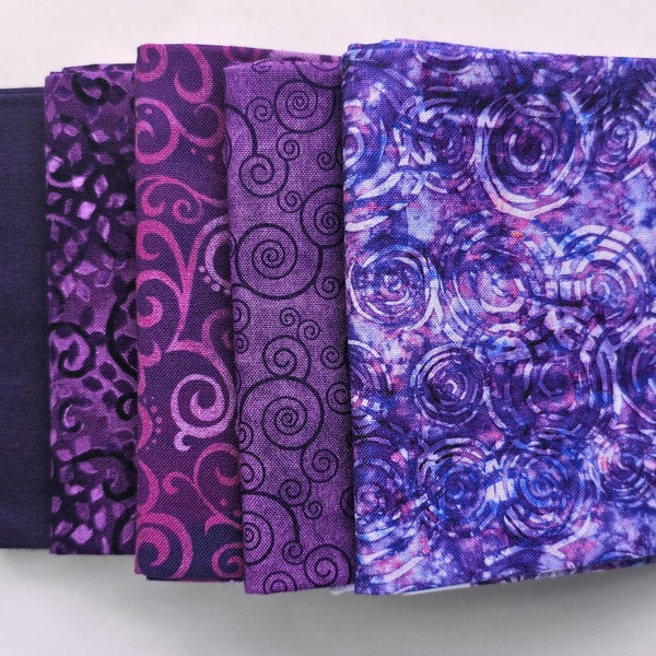 Fat Quarters. Set of five Purple, 100% Cotton Quilting Fabric. Fat Quarter Bundle, Blender Fabric, Quilt Fabric.