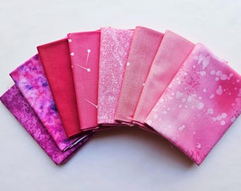 Fat Quarters. Set of Eight Pink, Cotton Quilting Fabric. Fat Quarter Bundle.