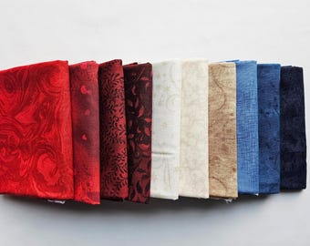 Fat Quarter Fabric. Set of Ten Americana Fat Quarters, 100% Cotton Quilting Fabric. Fat Quarter Bundle, Red Blue and Cream.