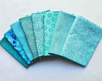 Fat Quarters. Set of Eight Turquoise Cotton Quilting Fabric. Fat Quarter Bundle.