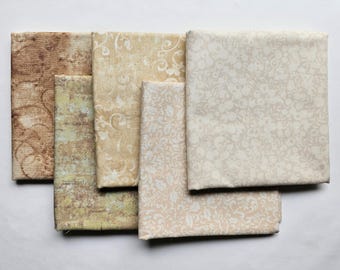 Half Yard Fabric Bundle. Set of Five Cream Fabrics, one half yard each. Cotton Quilting Material.