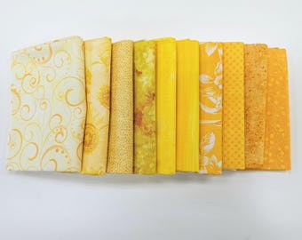 Fat Quarter Fabric. Set of Ten Yellow Fat Quarters, 100% Cotton Quilting Fabric. Fat Quarter Bundle, High Quality Fabric, Blender Fabric.