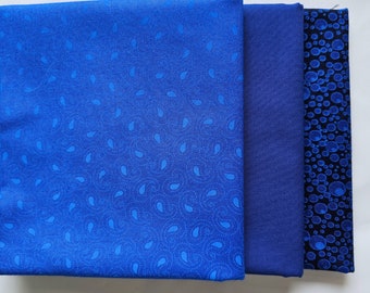 Half Yard Quilting Fabric. Set of Three Blue Fabrics, one half yard each, 100% Cotton High Quality Fabric, Blender Fabric, Quilt Fabric.