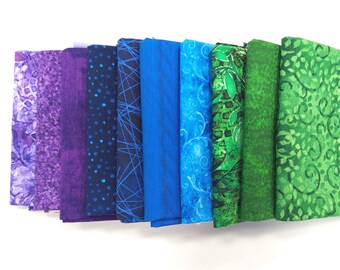 Fat Quarter Fabric. Set of Ten Blue Purple and Green Fat Quarters, 100% Cotton Quilting Fabric. Fat Quarter Bundle, High Quality Fabric.