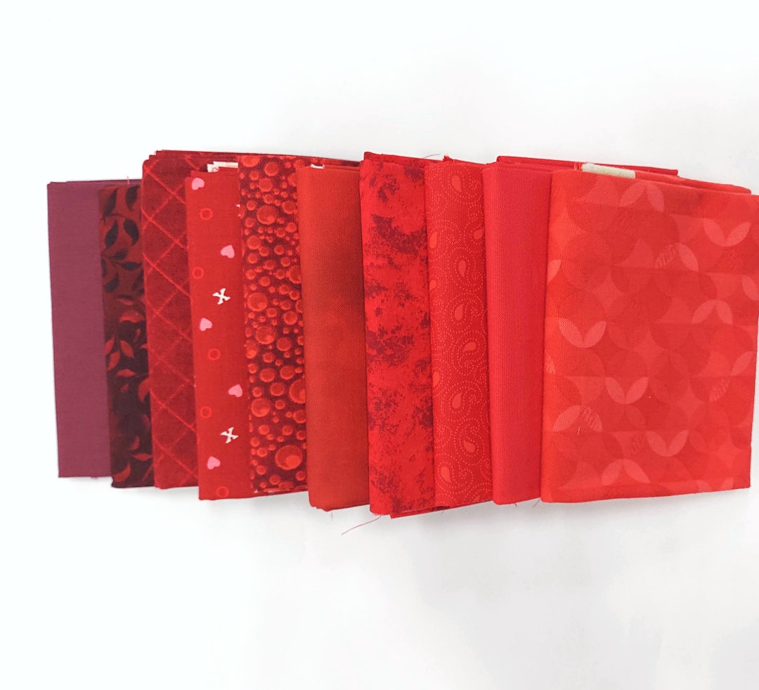 Fat Quarter Fabric. Set of Ten Red Fat Quarters, 100 Cotton Quilting