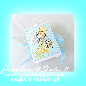 May include: A small blue book with a floral design on the front cover. The book is tied with a blue ribbon and has a white background.