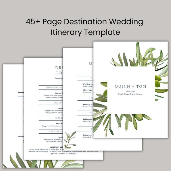 Destination Wedding Travel Itinerary Template 45+ Seiten für Hochzeitsgäste, Olivenzweige, Canva, druckbar, editierbar, digitaler Download