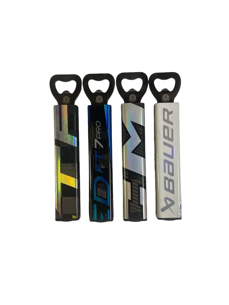 May include: Four black bottle openers with different hockey team logos. The logos are "Weber", "CCM", "DET 7 PRO", and "LF".