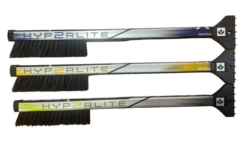 May include: Three ice scraper brushes with black bristles and a silver handle. The handles have a yellow, blue, and green gradient design. Each handle has the text "HYP2RLITE" printed on it.