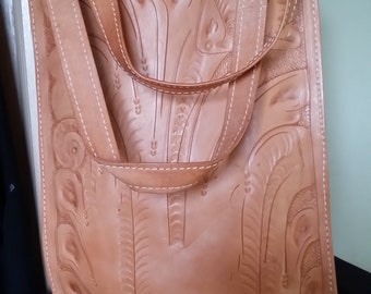 Large Vintage Hand Tooled Leather Tote