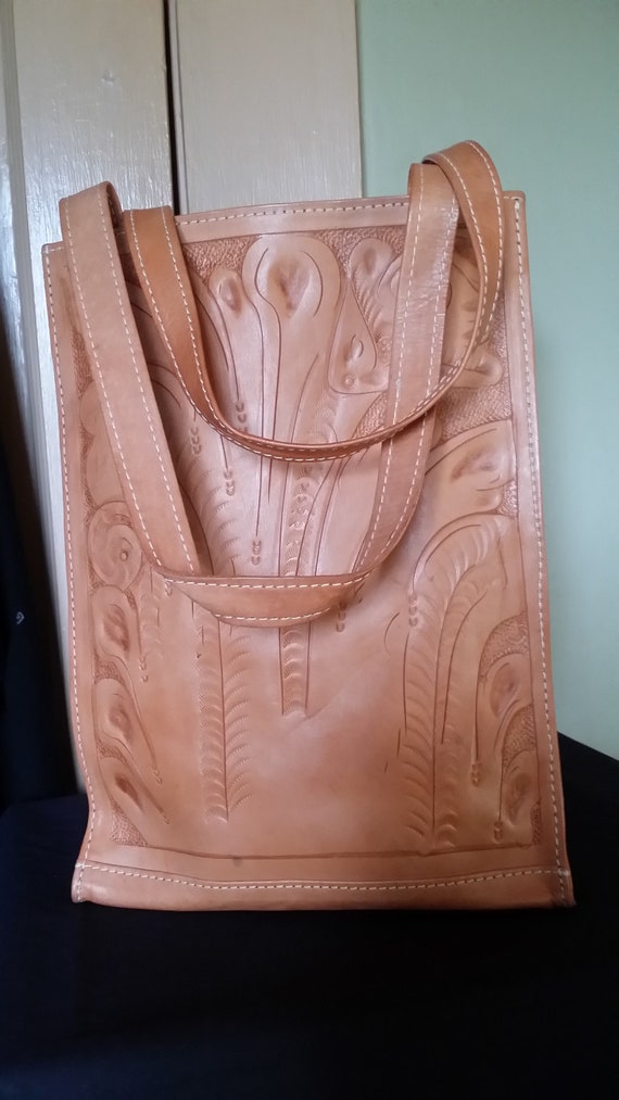 Large Vintage Hand Tooled Leather Tote