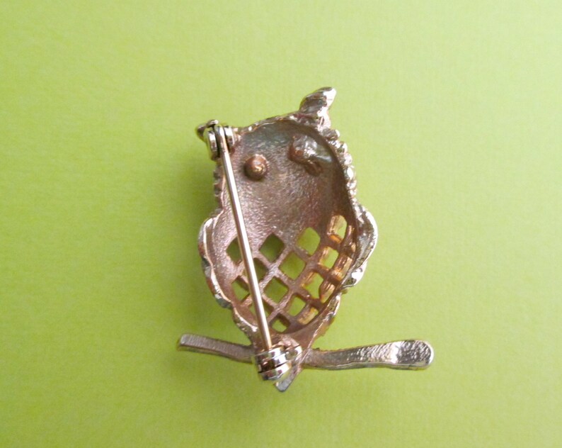 Owl Pin with Green Rhinestone Eyes